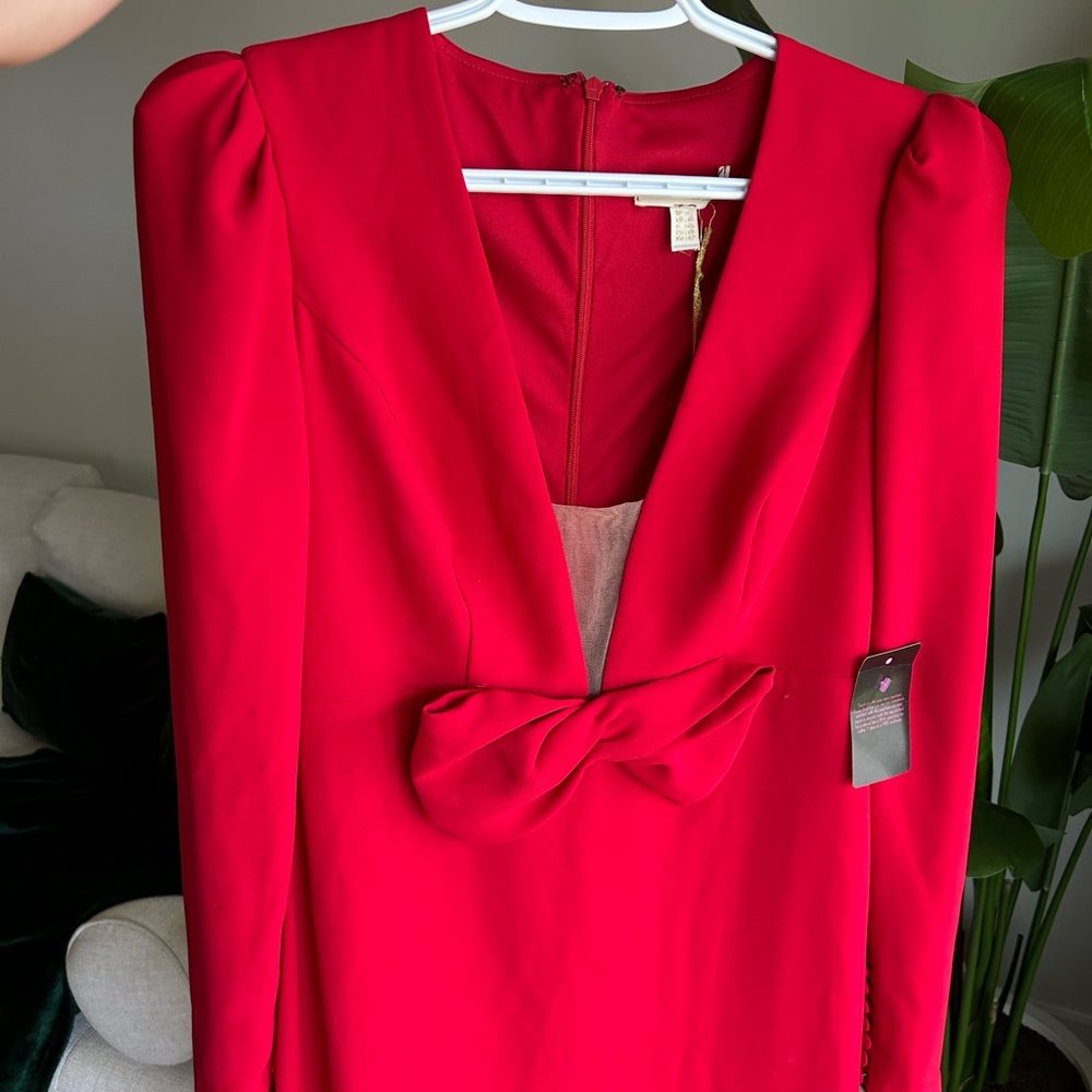 Tarik Ediz Red Sheath Dress with Puff Sleeves